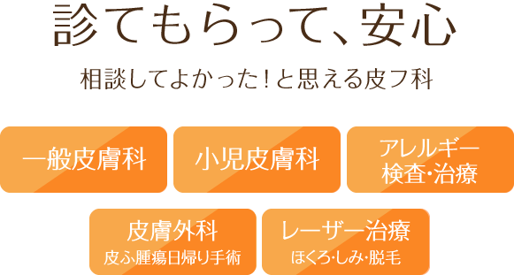 診てもらって、安心 一般皮膚科、小児皮膚科、アレルギー検査･治療、皮膚外科(皮ふ腫瘍日帰り手術)、レーザー治療(ほくろ・しみ・脱毛)